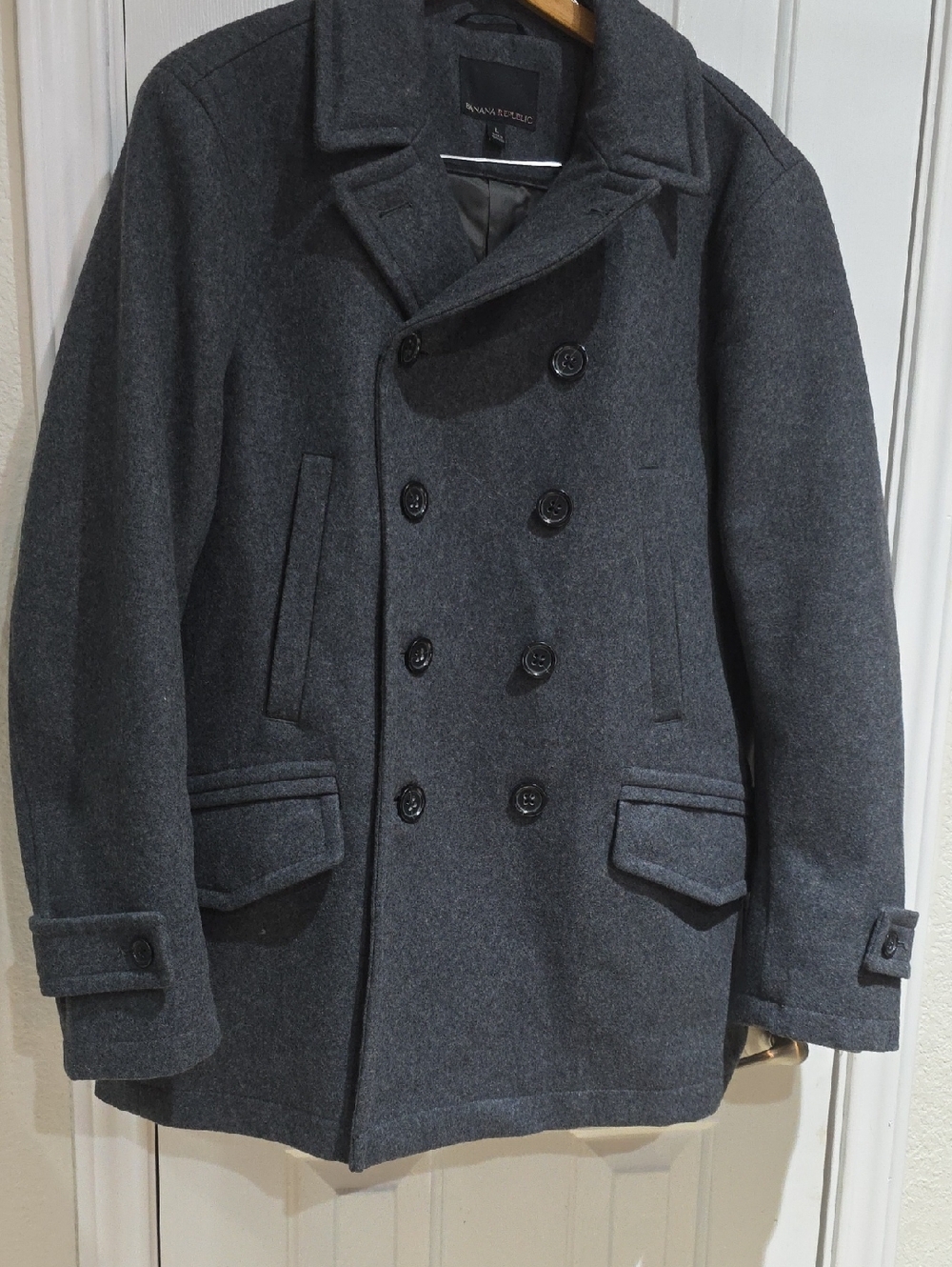Banana Republic Mens Wool Blend Double-Breasted Peacoat - Gray SZ Large